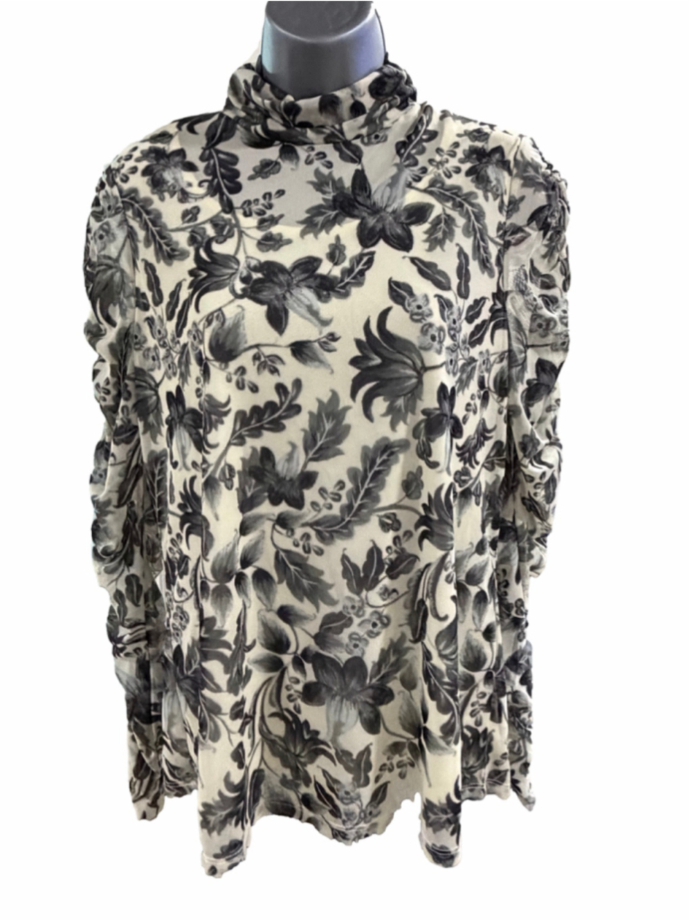 36. Women's Susan Graver Floral Blouse Size S White Black Mock Neck
